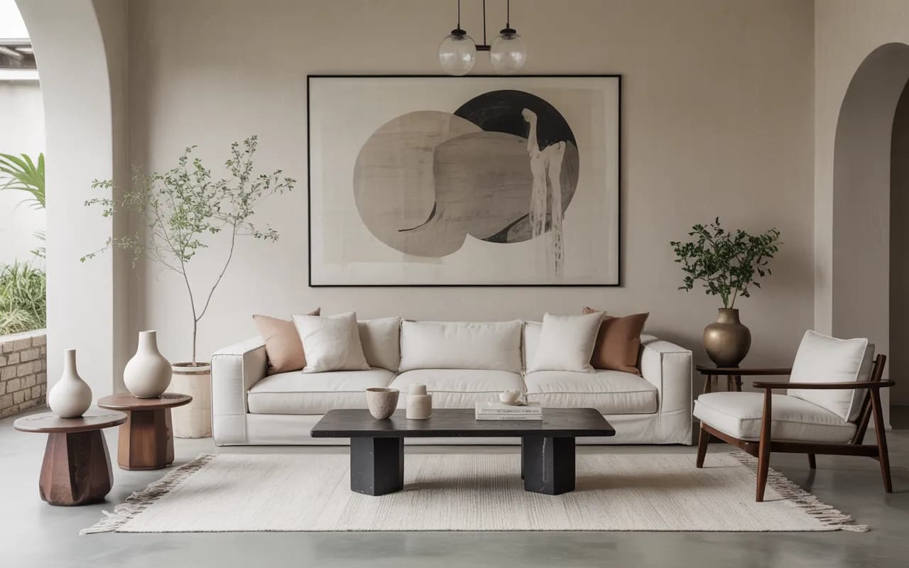 “Artistic minimalist living room, neutral tones, curated art pieces, clean lines, modern Pinterest aesthetic.”