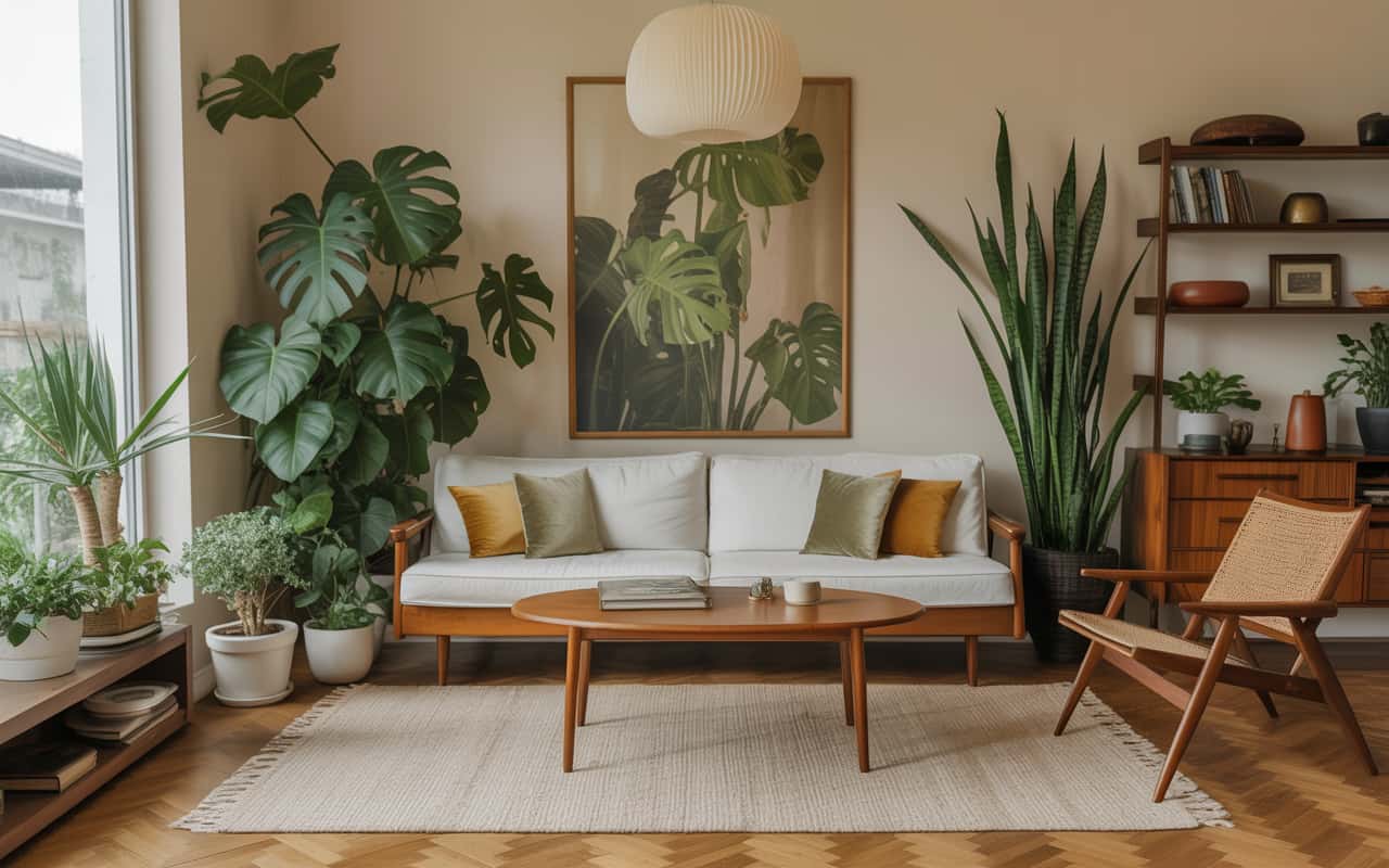 “Mid-century modern living room with indoor plants, large leafy plants, wooden furniture, stylish interior”