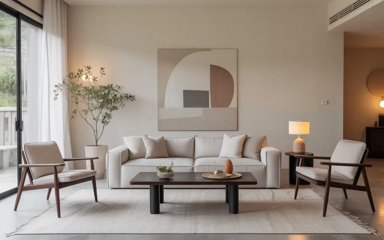 “Modern minimalist living room with simple furniture, neutral sofa, clean lines, cozy seating, uncluttered layout, Pinterest interior design”