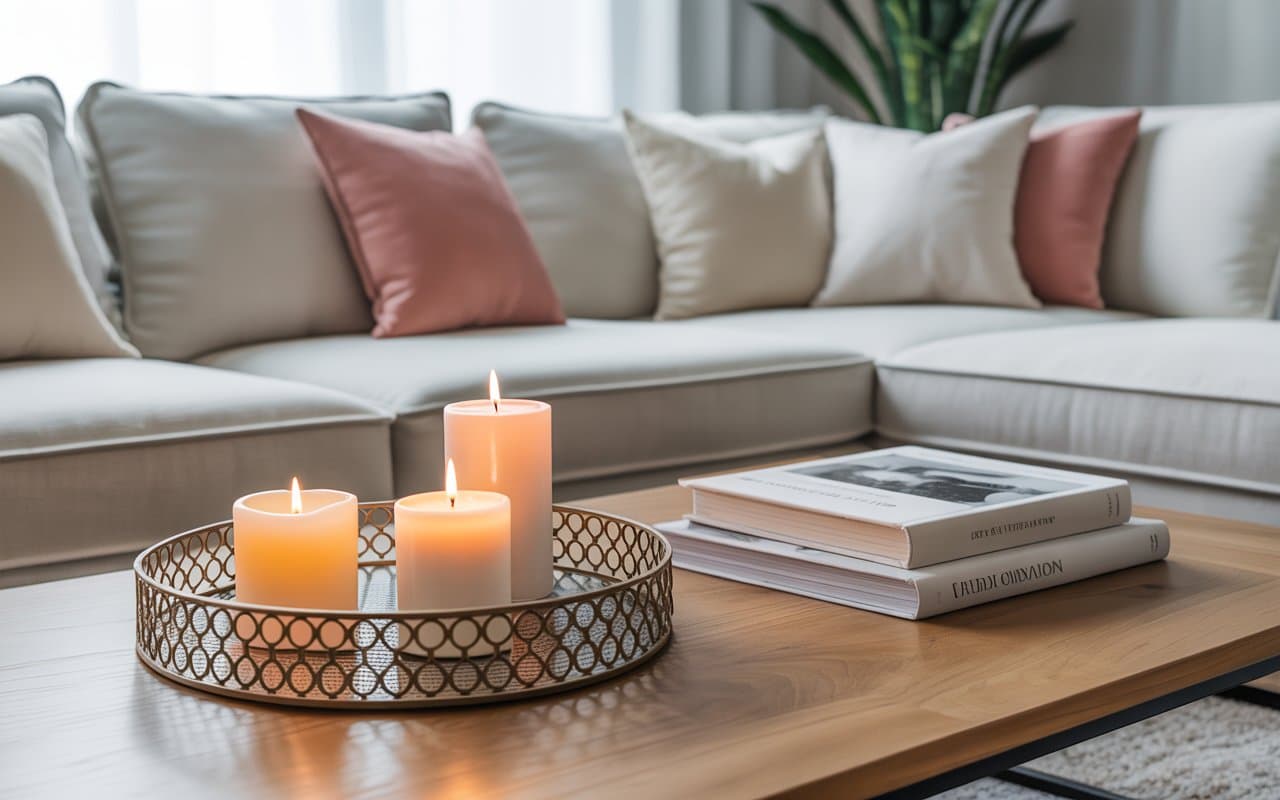 Minimal living room accessories, decorative tray, candles, books, clean and elegant interior”