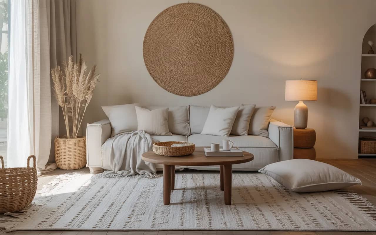 “Cozy minimalist living room with textured rug, linen cushions, soft throws, neutral colors, warm and modern Pinterest style”