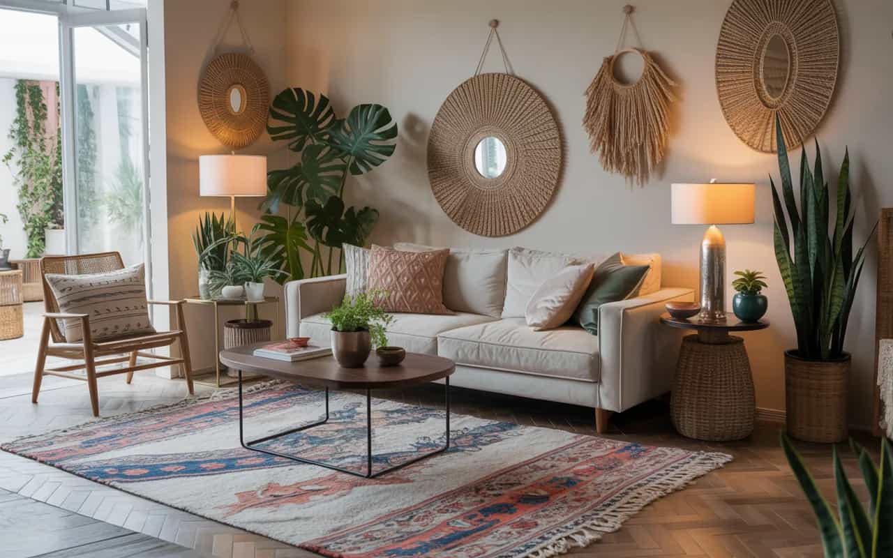 Contemporary bohemian living room, neutral modern furniture, layered rugs, plants, cozy eclectic décor, Pinterest aesthetic.”