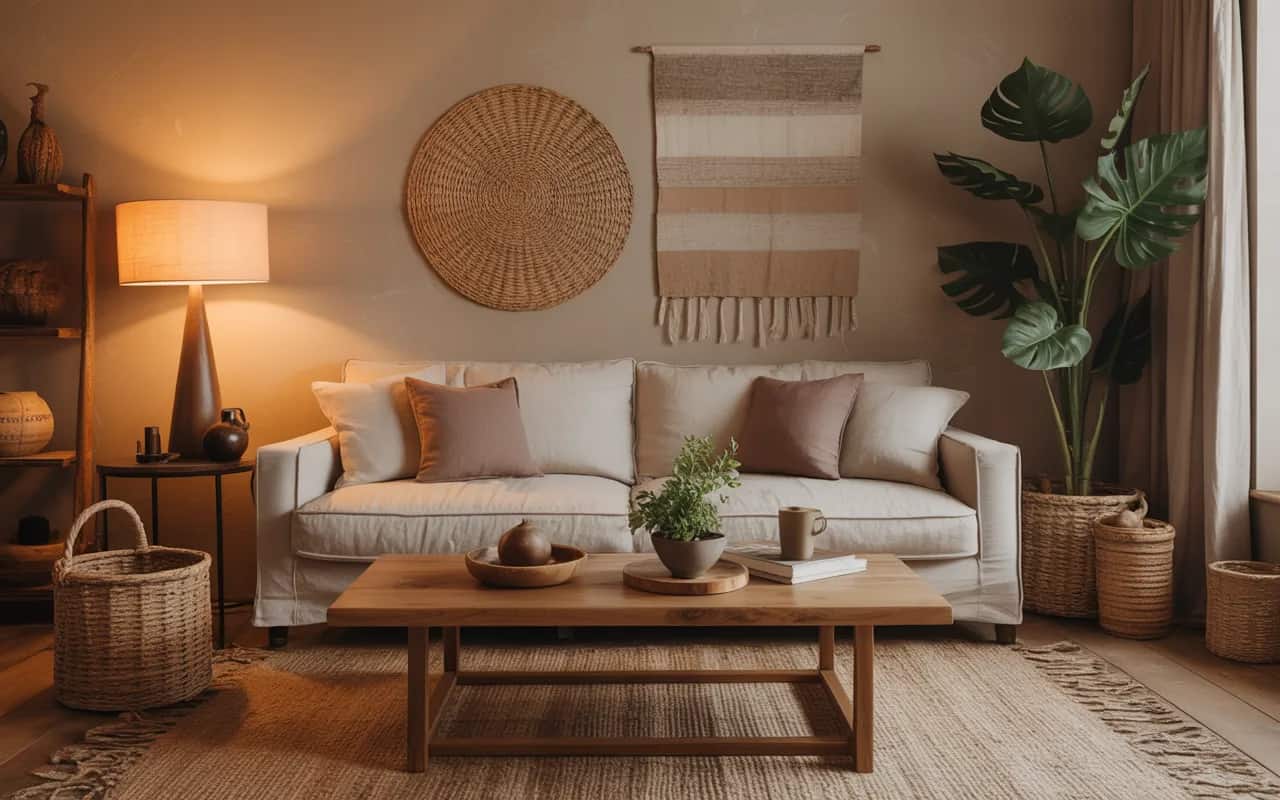 “Cozy earthy living room, linen sofa, taupe cushions, wooden coffee table, layered textiles, warm ambient lighting, Pinterest-ready aesthetic.”