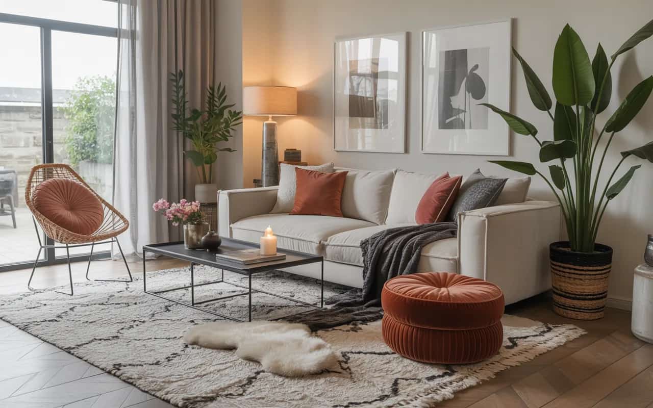 Modern living room with textured rugs, velvet cushions, layered throws, sleek furniture, cozy and Pinterest-friendly modern interior.”