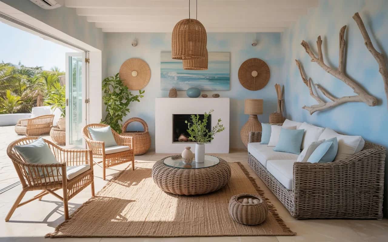 Coastal living room, soft blue and beige tones, wicker furniture, natural sunlight, driftwood décor, airy and refreshing, Pinterest aesthetic.”