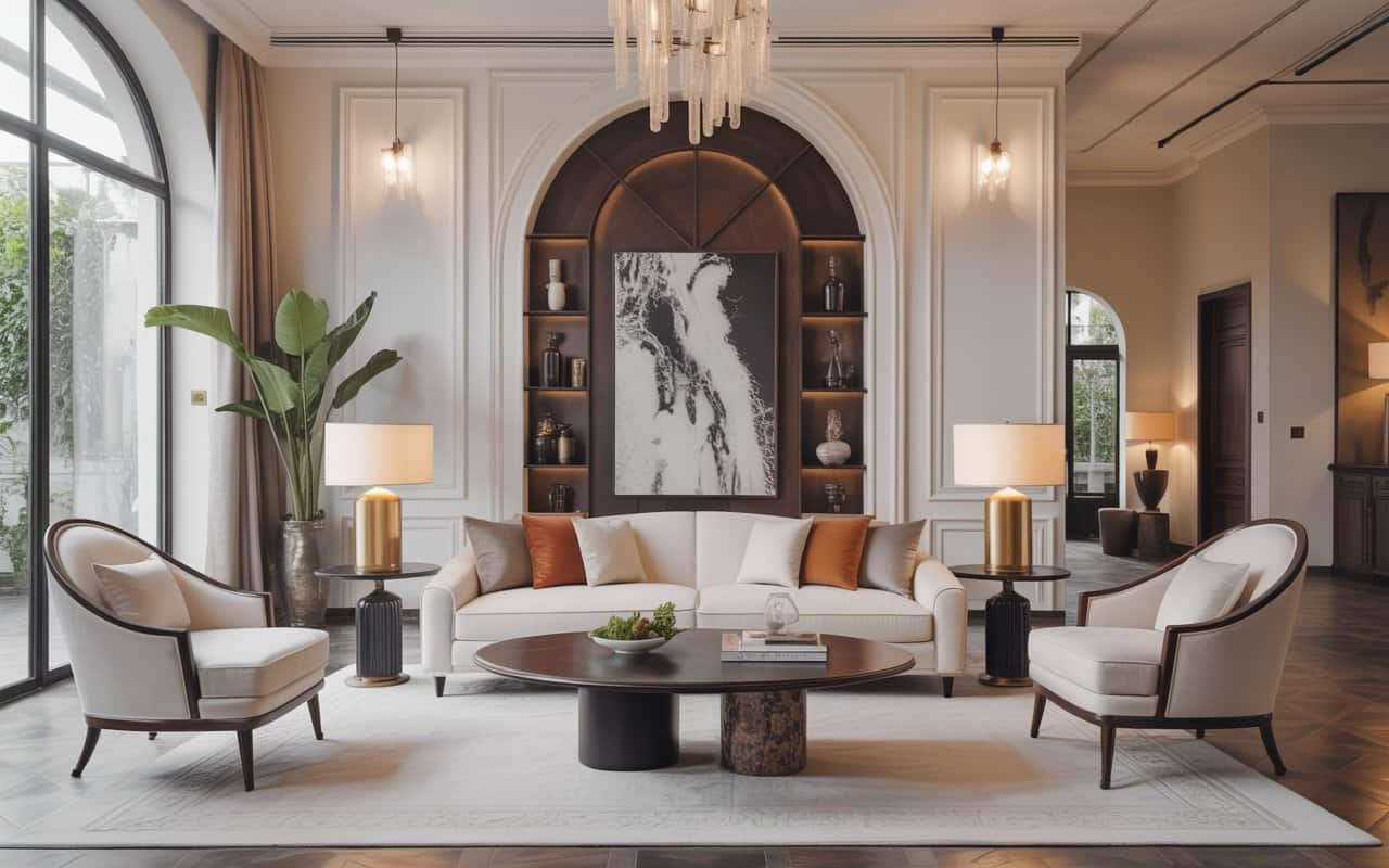 âLuxury living room with stylish sofa, accent chairs, wooden and glass furniture, elegant interior designâ