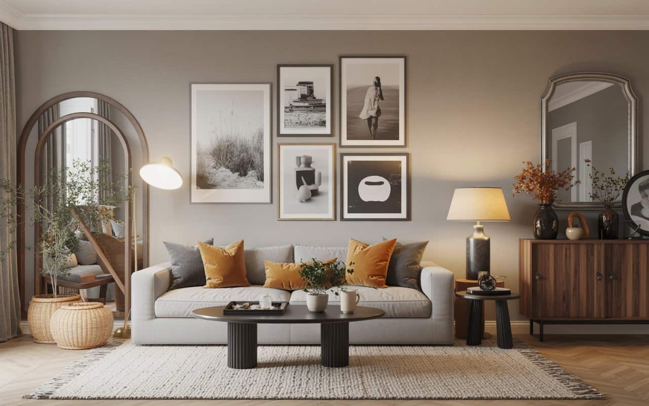 “Living room wall with gallery artwork, framed pictures, large mirror, stylish and modern interior”