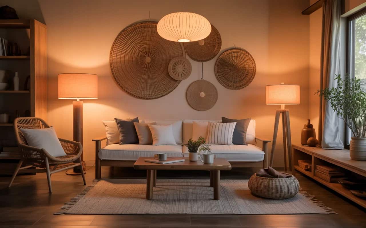 Earthy living room with warm ambient lighting, floor lamps, pendant lights, natural wood furniture, cozy Pinterest aesthetic.”