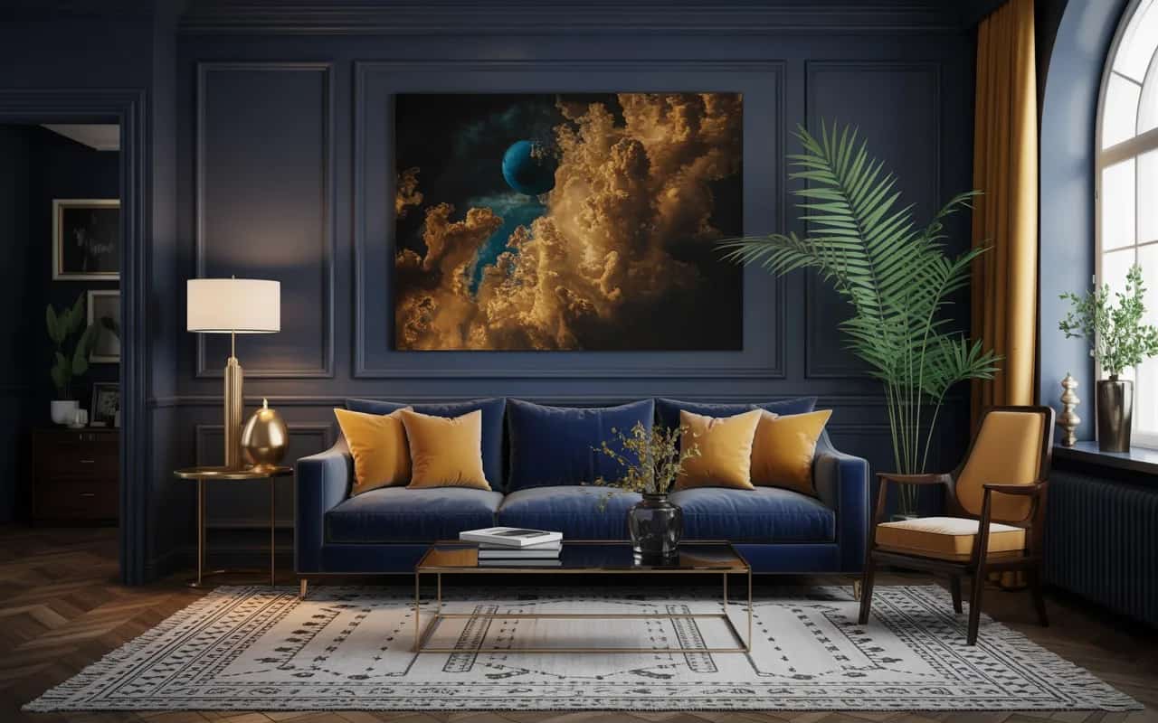 Dark moody living room, deep navy walls, gold accents, plush sofa, layered rugs, dramatic and cozy, Pinterest-ready interior.”