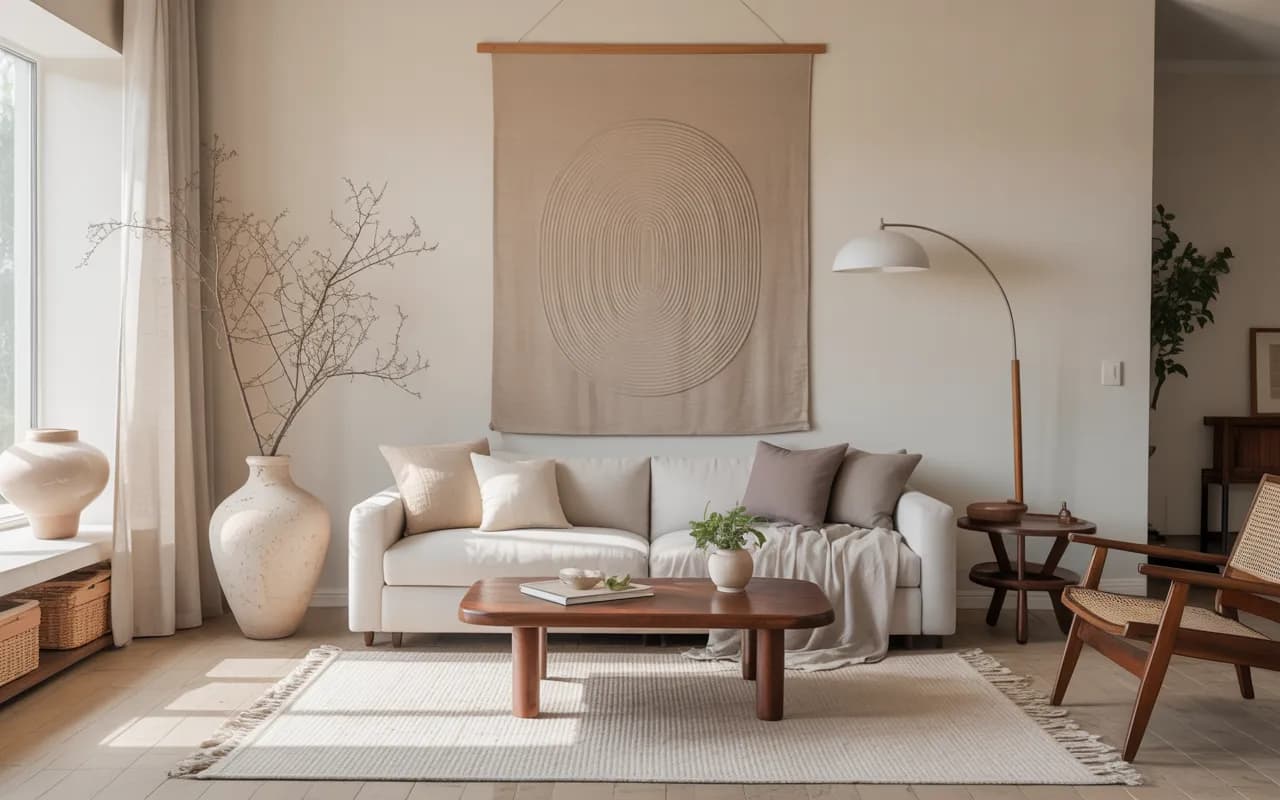 “Minimalist living room with purposeful décor, simple wall art, ceramic vase, neutral styling, modern and cozy Pinterest interior”