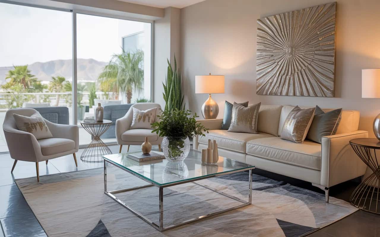 Modern living room with glass coffee table, metallic accents, sleek neutral furniture, stylish and Pinterest-ready décor.”