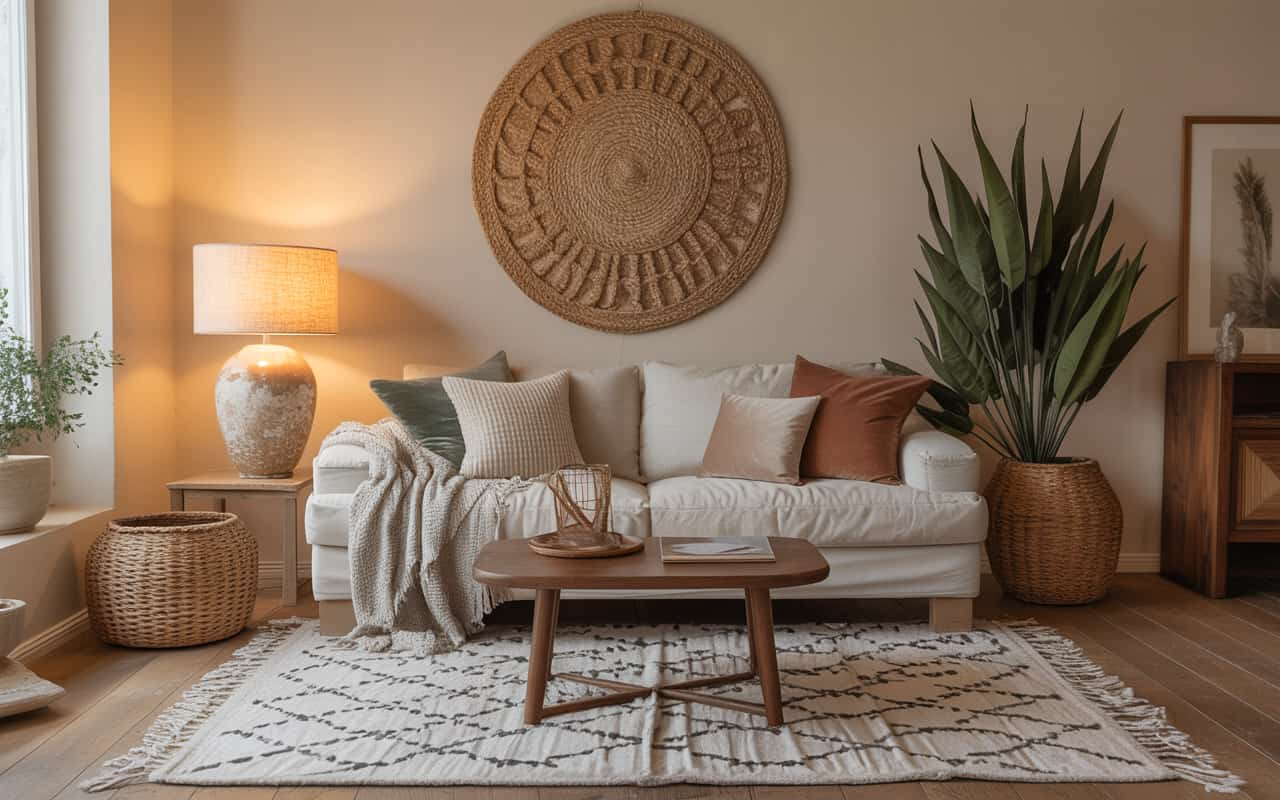 “Cozy living room with layered cushions, throw blankets, area rug, warm textures, stylish interior”