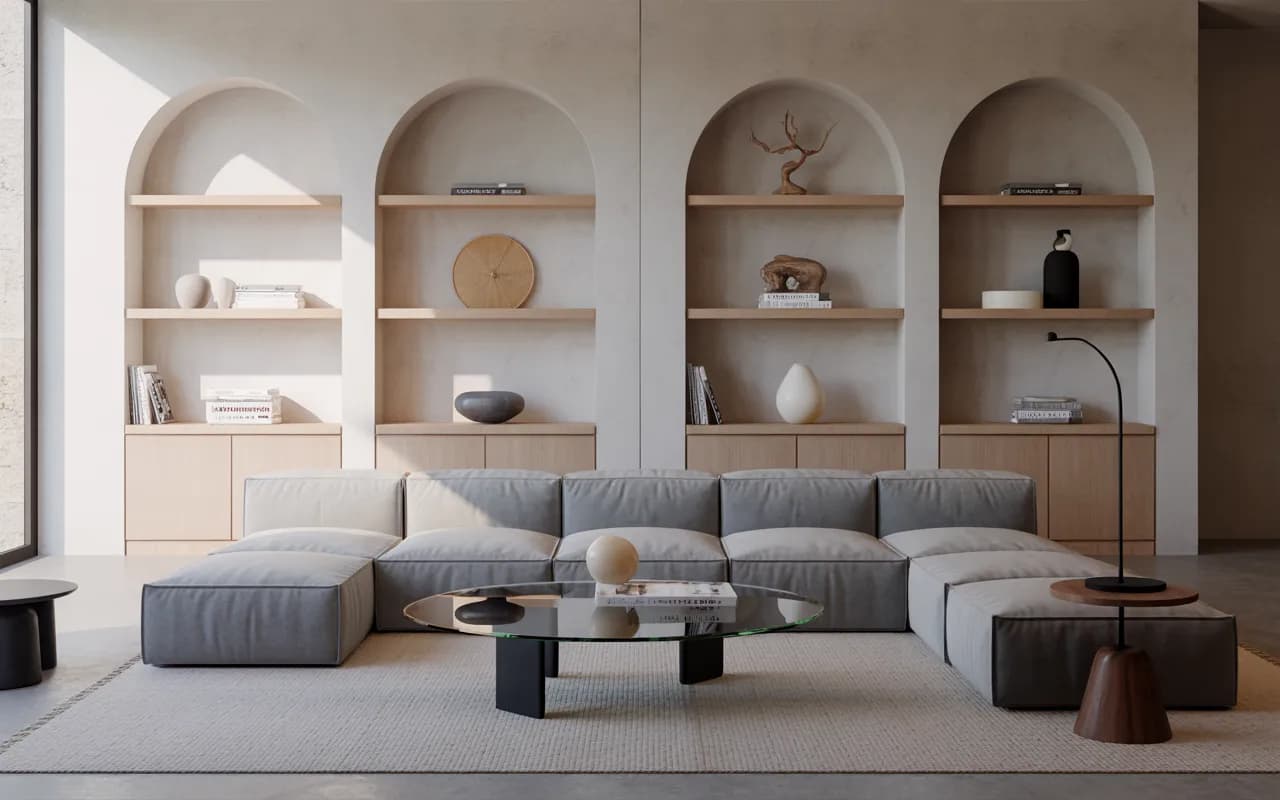 Contemporary living room with modular gray sofa, glass coffee table, minimalist shelving, and low-profile wooden side table.