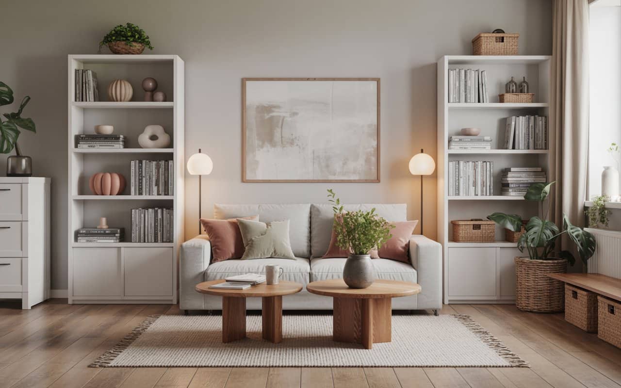 “Clean and organized living room, minimal decor, smart storage solutions, modern calm interior”