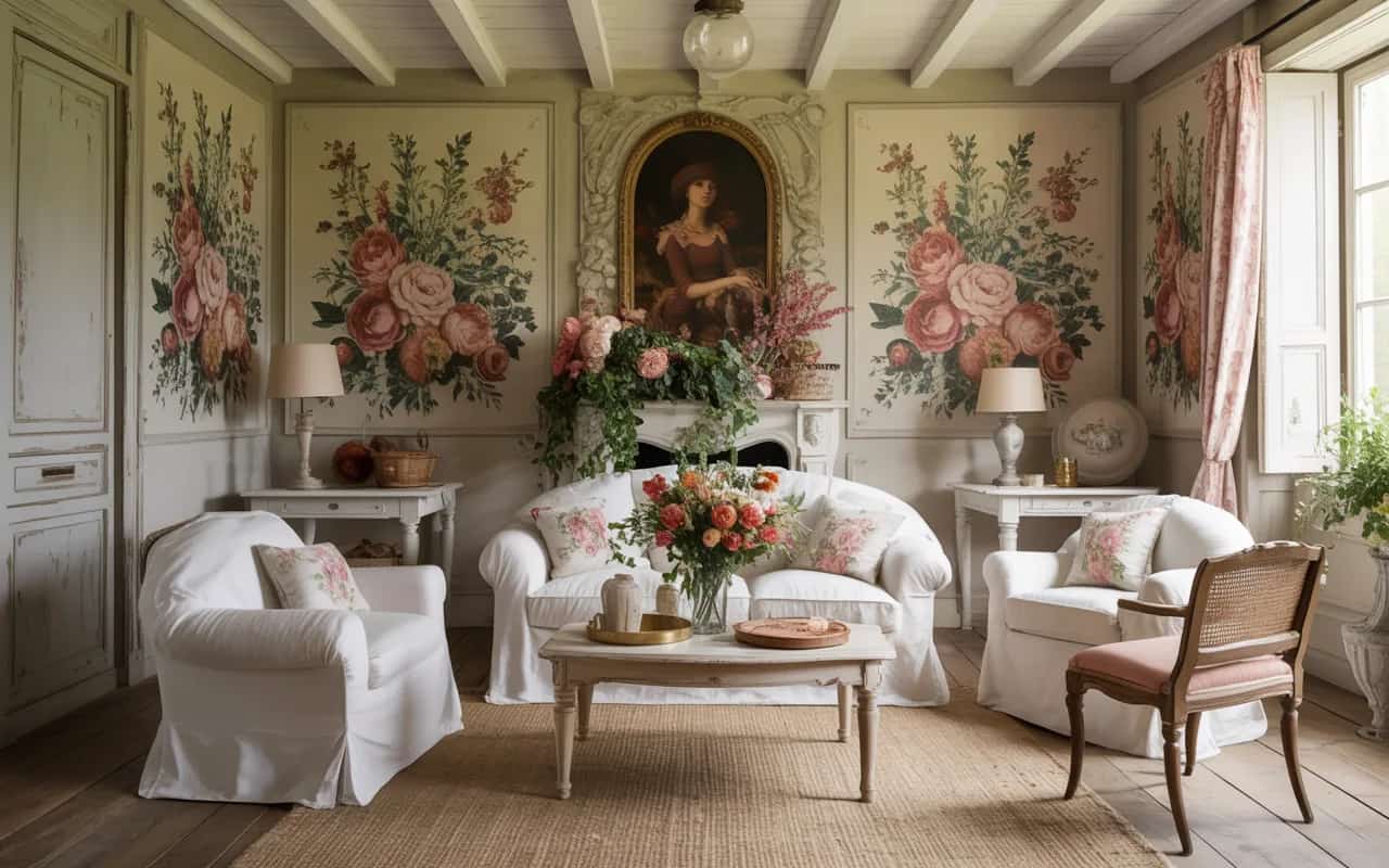“French country living room, distressed wooden furniture, floral patterns, linen fabrics, vintage décor, cozy elegant space, Pinterest-ready.”