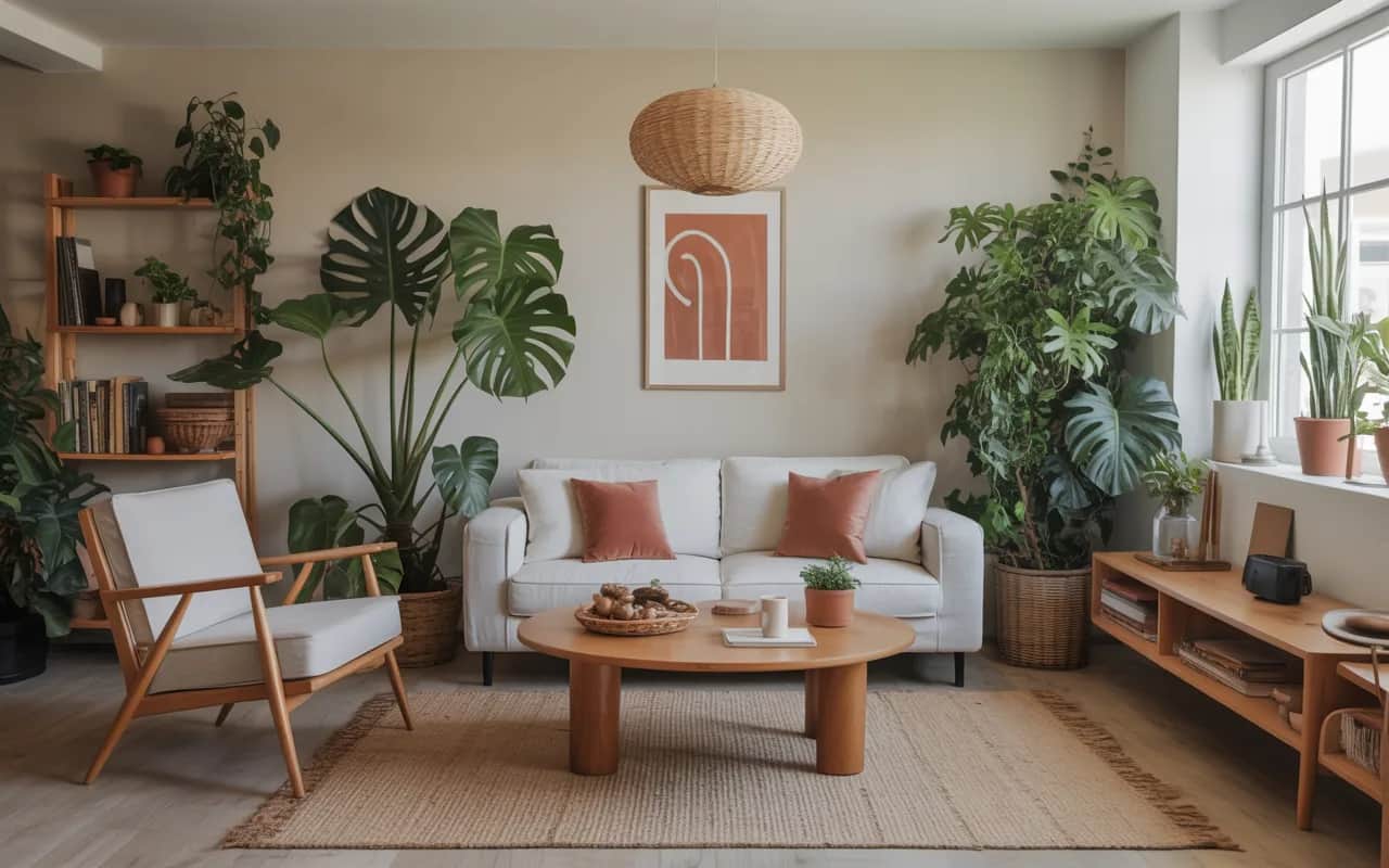 Modern living room with indoor plants, wooden furniture, neutral tones, cozy and vibrant, Pinterest aesthetic.”