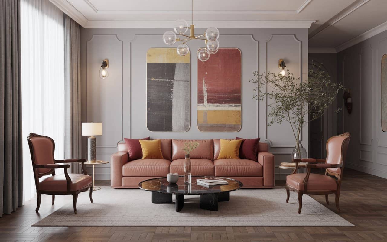 Modern living room interiors with vintage furniture accents, layered decor, elegant and sophisticated designâ