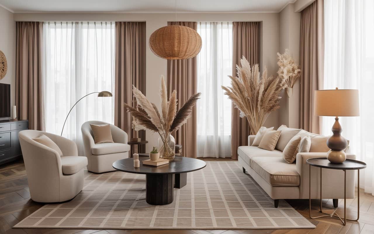 “Stylish living room with coordinated curtains, matching furniture and decor, elegant modern interior design”