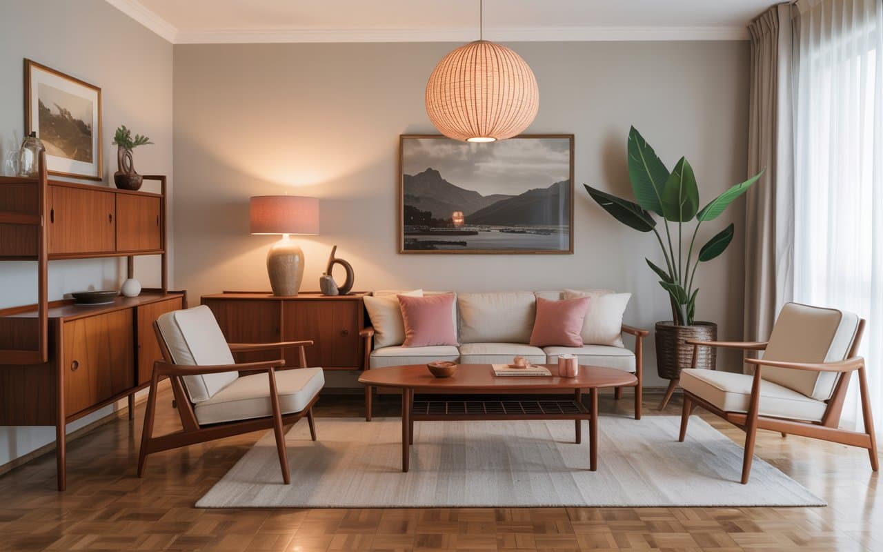 Mid-century modern living room with teak furniture, wooden accents, cozy lighting, stylish timeless interior”