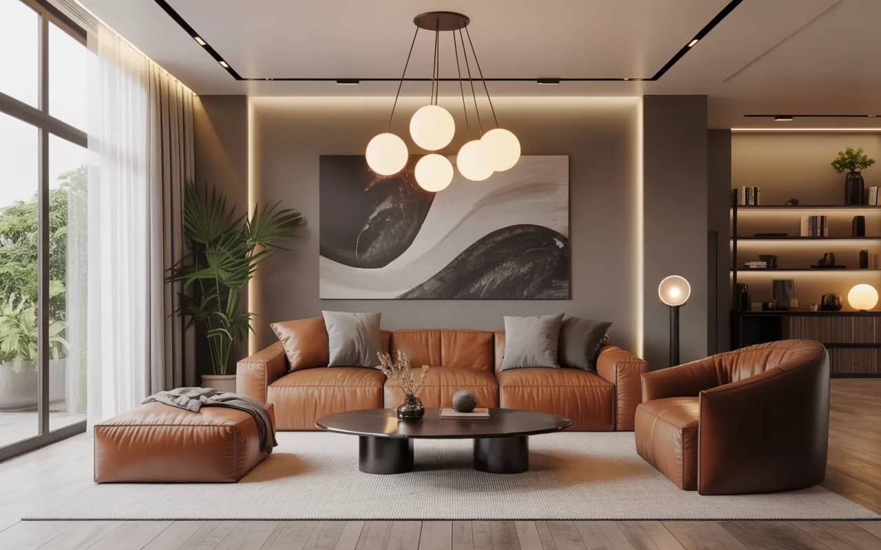 “Modern living room with statement lighting, pendant lamps, LED accents, sleek and stylish, warm and Pinterest aesthetic.”
