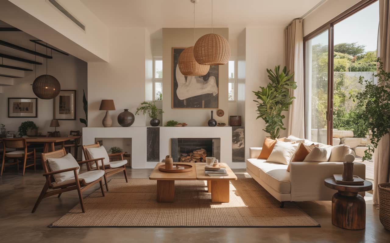 “Open layout living room, furniture arranged for conversation, cozy modern interior, natural lighting”