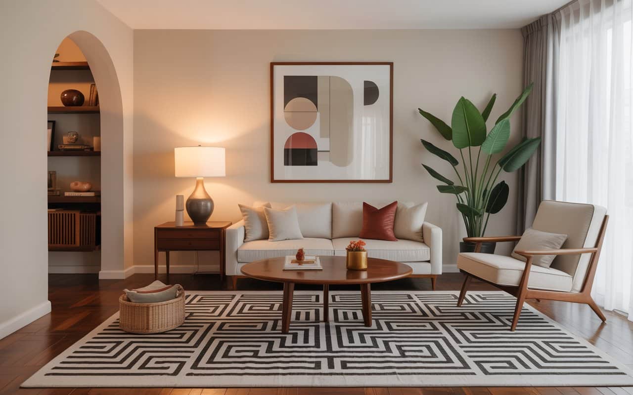 “Mid-century modern living room with geometric area rug, cozy seating arrangement, stylish elegant interior”