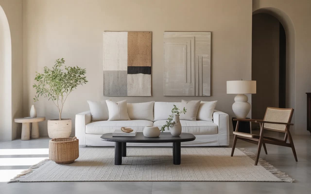 Neutral minimalist living room, beige and gray tones, clean lines, textured rugs, functional furniture, calm Pinterest aesthetic.”