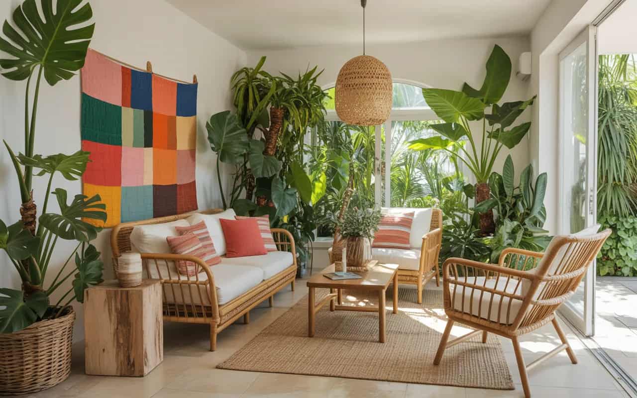 “Tropical living room, lush indoor plants, rattan furniture, bright airy space, natural wood, colorful textiles, Pinterest aesthetic.”