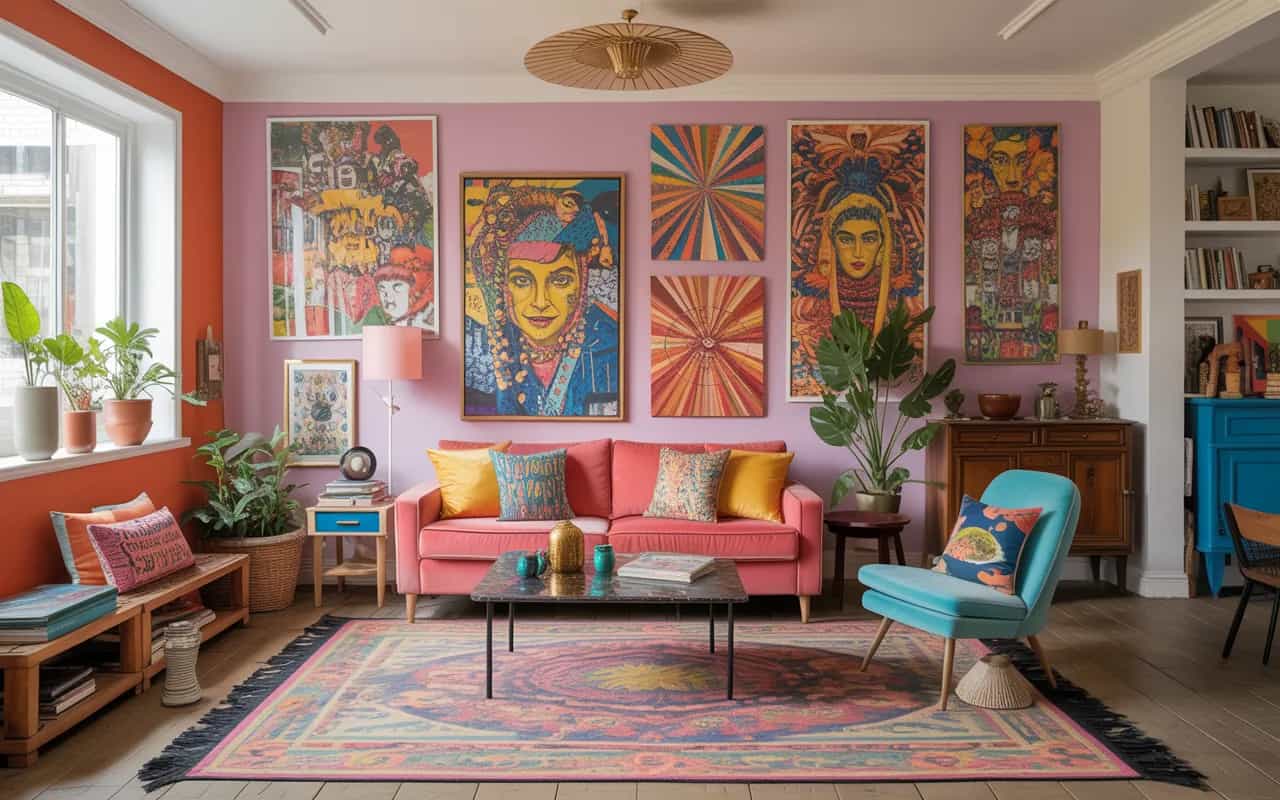 Eclectic living room, colorful artwork, mismatched furniture, vibrant patterns, cozy and creative, Pinterest aesthetic.”