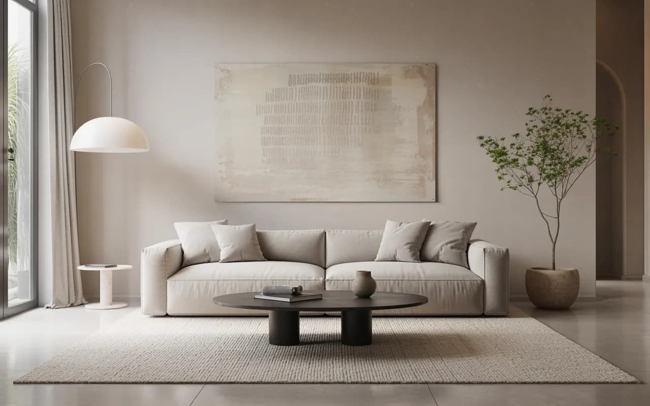 Minimalist modern living room, neutral tones, low-profile sofa, sleek coffee table, layered rugs, bright and airy, Pinterest aesthetic.”