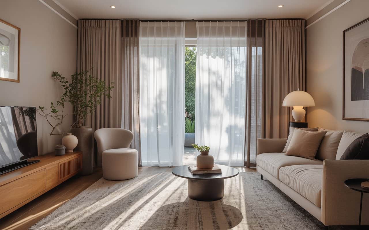 “Modern living room with layered curtains, sheer and blackout panels, natural sunlight streaming in, stylish interior”