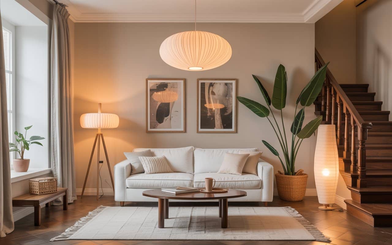 “Bright living room with layered lighting, pendant light, floor lamp, cozy and stylish interior”