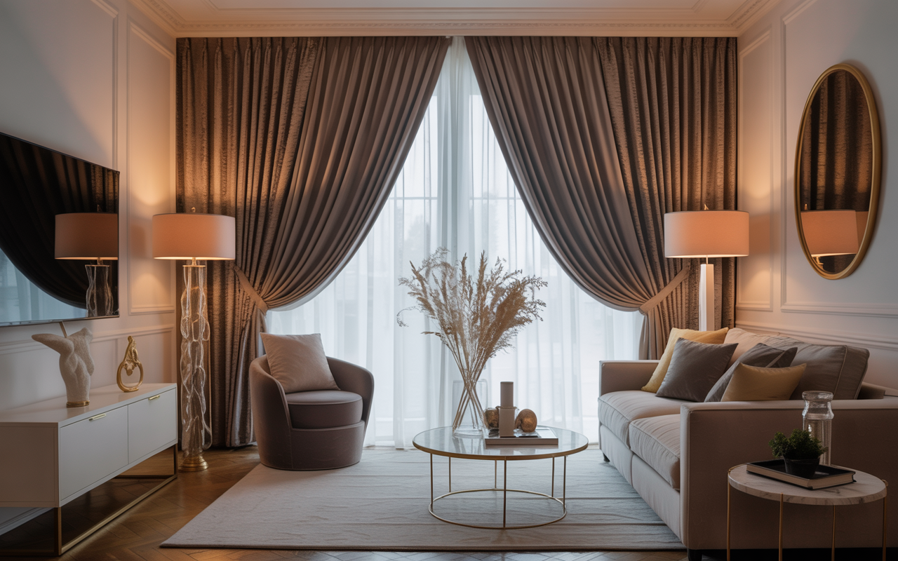 Elegant living room curtains with rich textures, velvet drapes, soft lighting, luxurious stylish interior design”