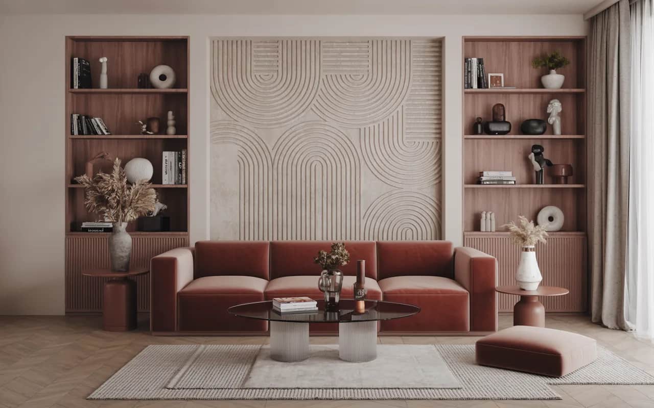 Modern living room with velvet sofa, glass coffee table, wooden shelving, textured wall panel, and layered rugs.