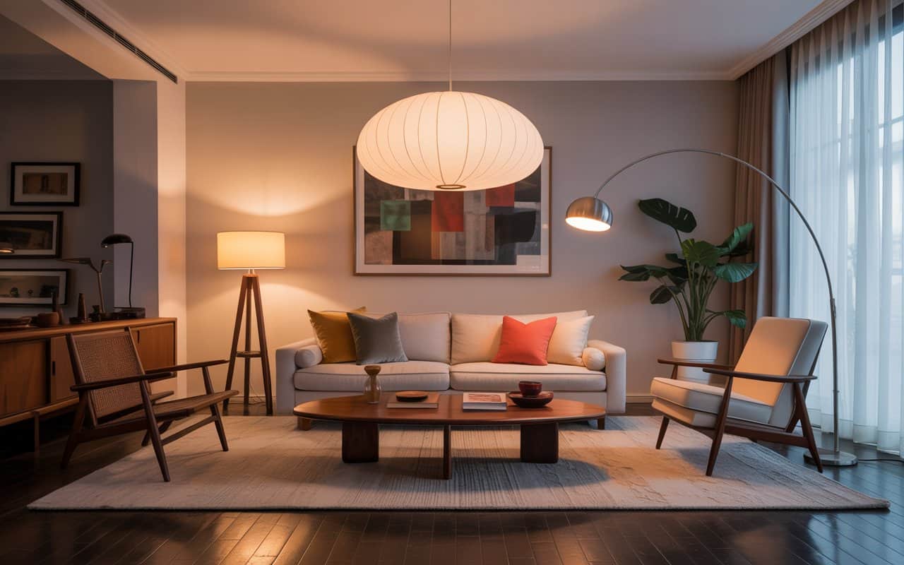 Mid-century modern living room with statement pendant lighting, arc floor lamp, warm cozy interior, stylish design”
