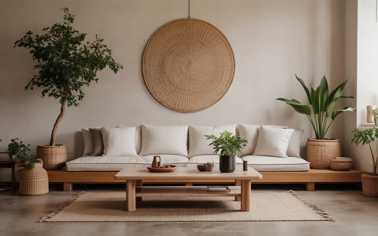 “Japandi Zen living room, low wooden furniture, neutral tones, minimalist décor, indoor plants, tranquil and Pinterest aesthetic.”