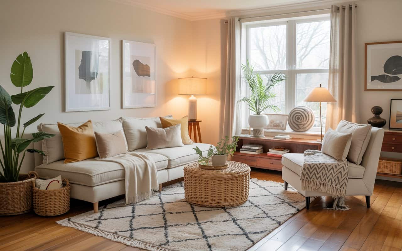 Cozy living room with layered textiles, soft cushions, throw blankets, area rug, warm and inviting decor”