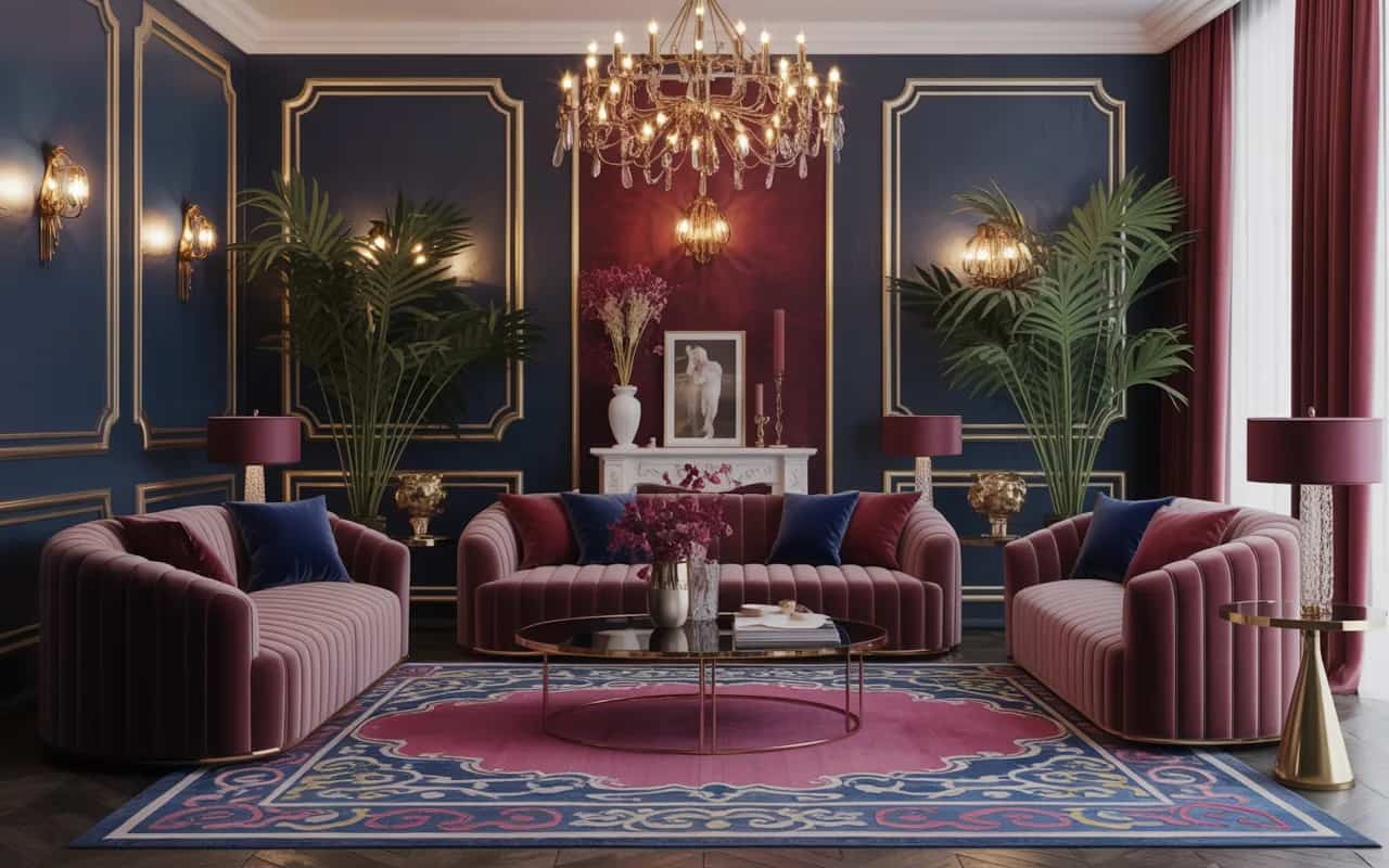 Luxurious living room with velvet furniture, deep jewel tones, gold accents, layered rugs, elegant Pinterest aesthetic.”