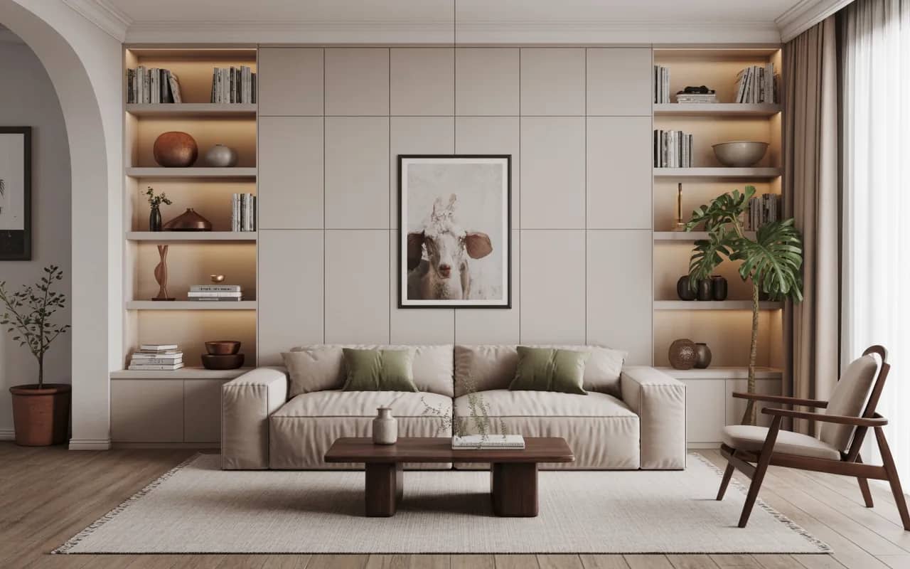 “Minimalist living room with hidden storage, clean shelves, modern furniture, clutter-free and cozy Pinterest aesthetic”