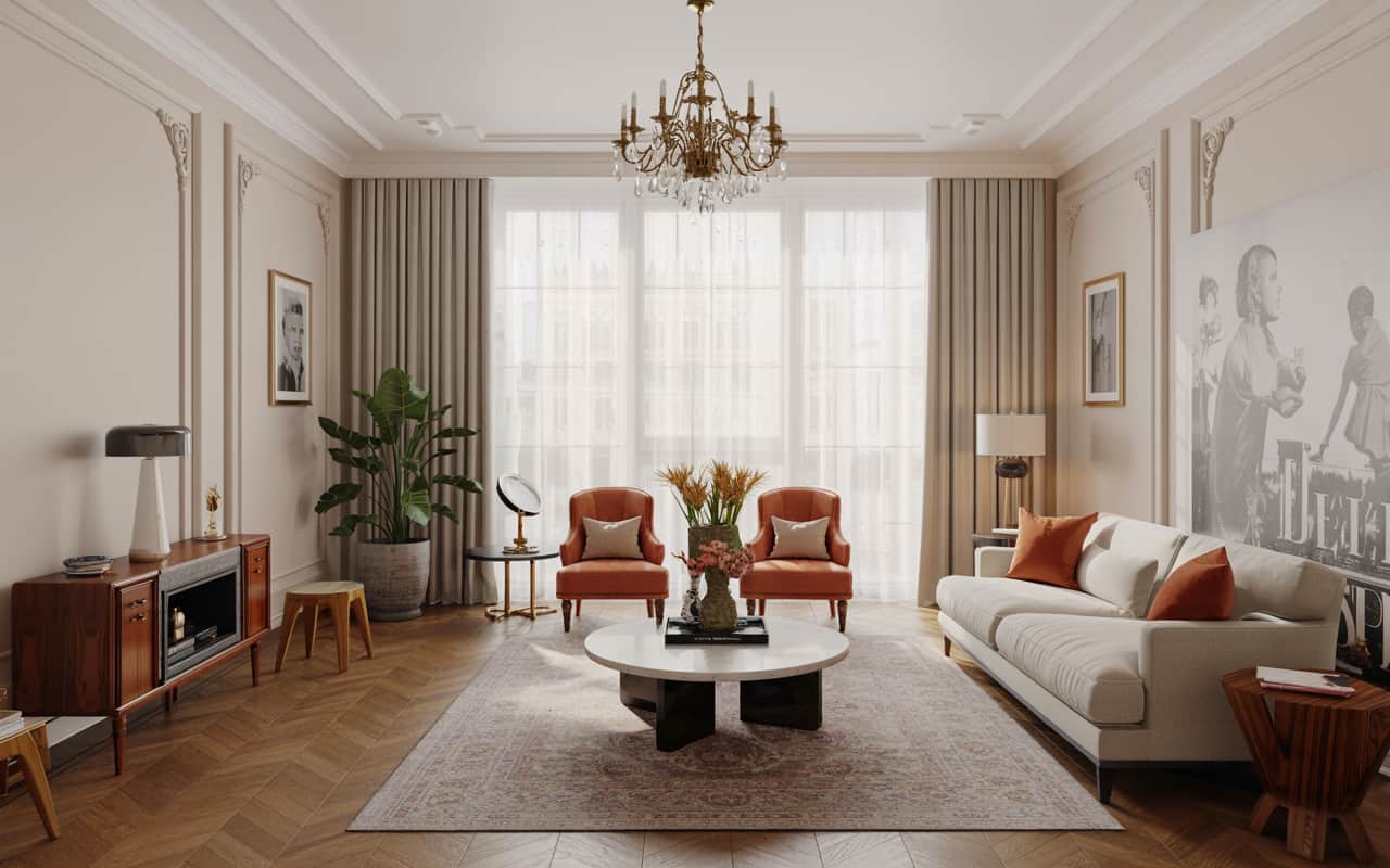 Living room mixing modern and vintage decor, classic furniture with contemporary accents, warm and stylish interior”