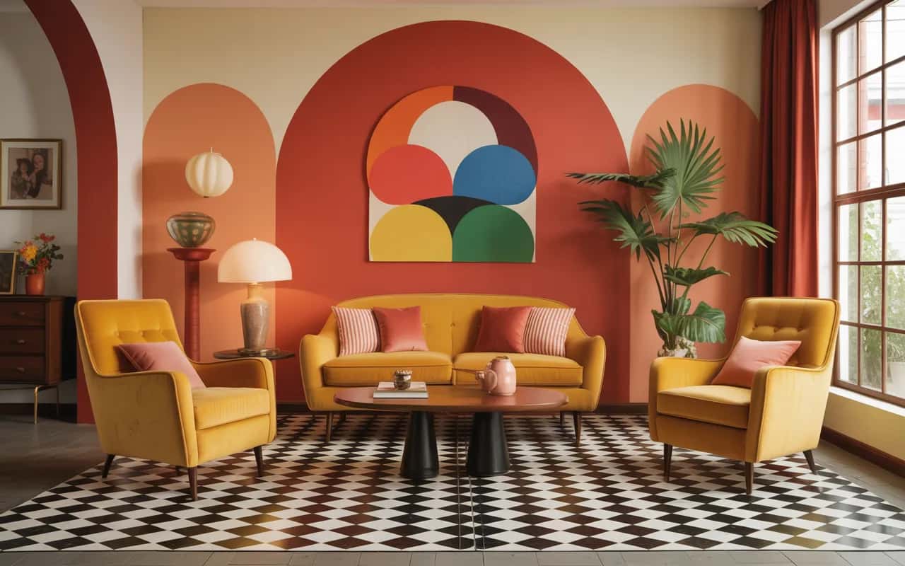 Vintage retro living room, bold patterned furniture, warm colors, statement chairs, playful décor, nostalgic Pinterest aesthetic.”