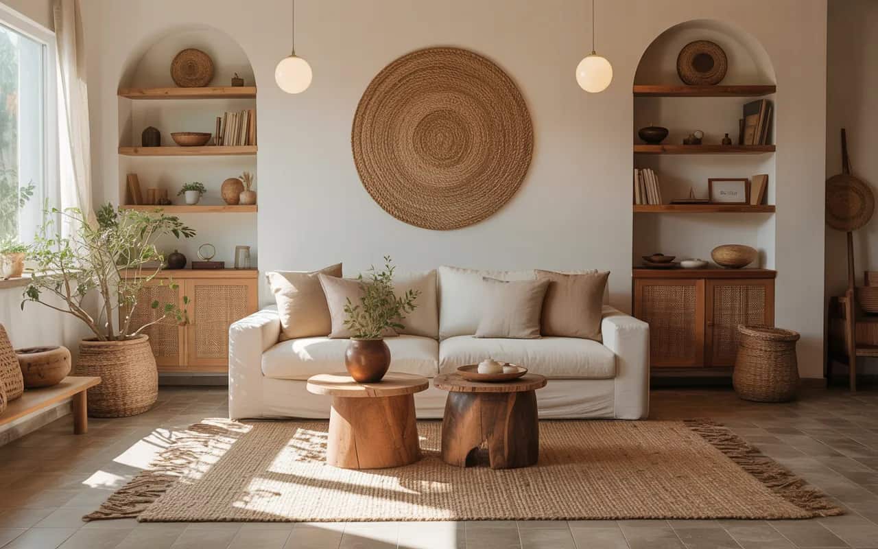 Earthy living room with wooden furniture, wooden shelves, jute rugs, linen cushions, warm cozy ambiance, Pinterest-ready.”