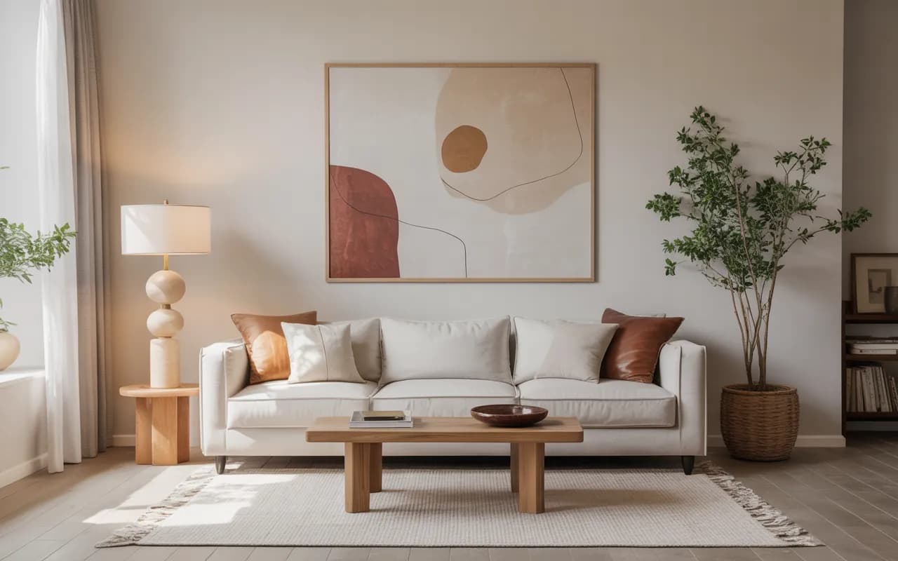 “Minimalist living room with clean walls, simple abstract art, neutral tones, modern and cozy Pinterest interior”