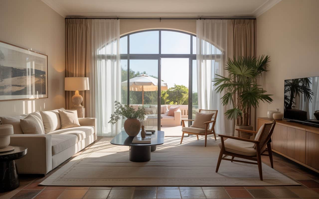 Living room with floor-to-ceiling curtains, elegant window treatment, stylish modern interior, natural sunlight”