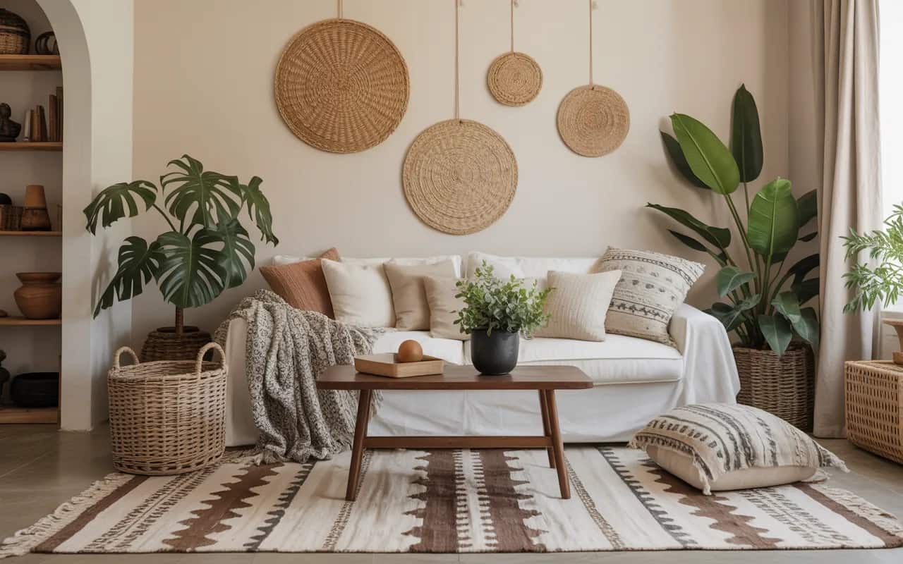 Earthy living room with layered rugs, textured cushions, wool and linen throws, rattan baskets, cozy natural vibe, Pinterest aesthetic.”
