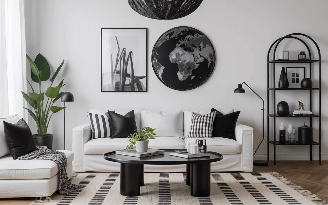 Monochrome living room, black and white palette, minimalist décor, textured accents, sleek Pinterest aesthetic.”