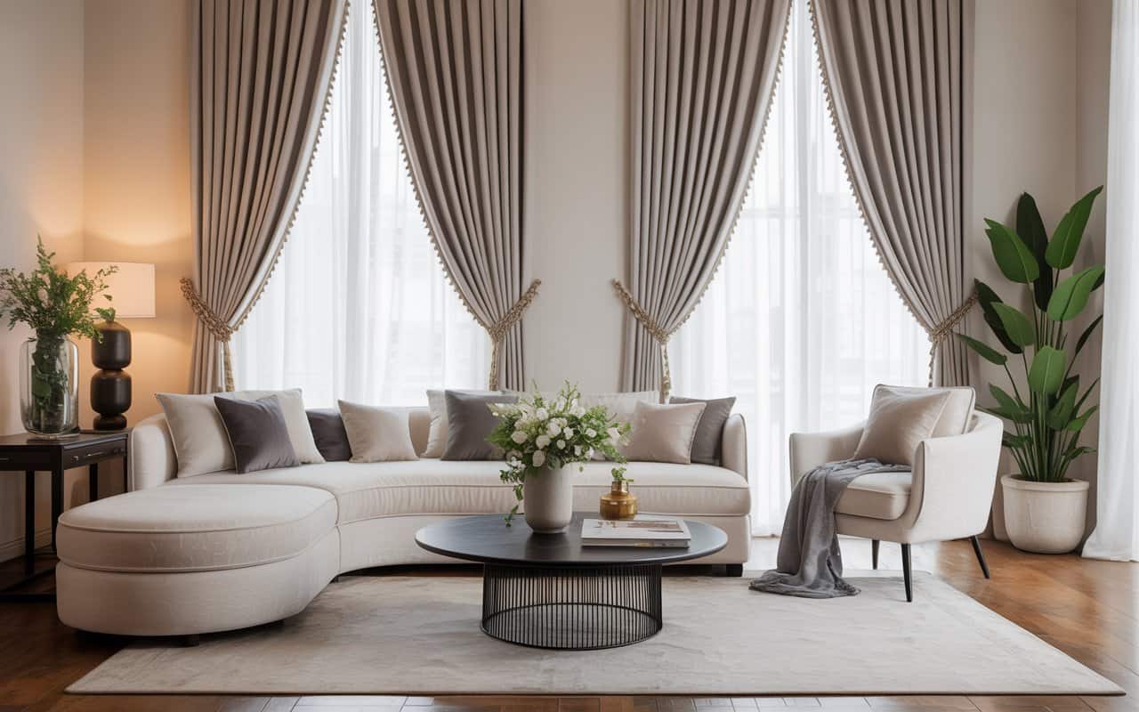 “Elegant living room with accessorized curtains, decorative tiebacks, matching cushions, modern stylish interior design”