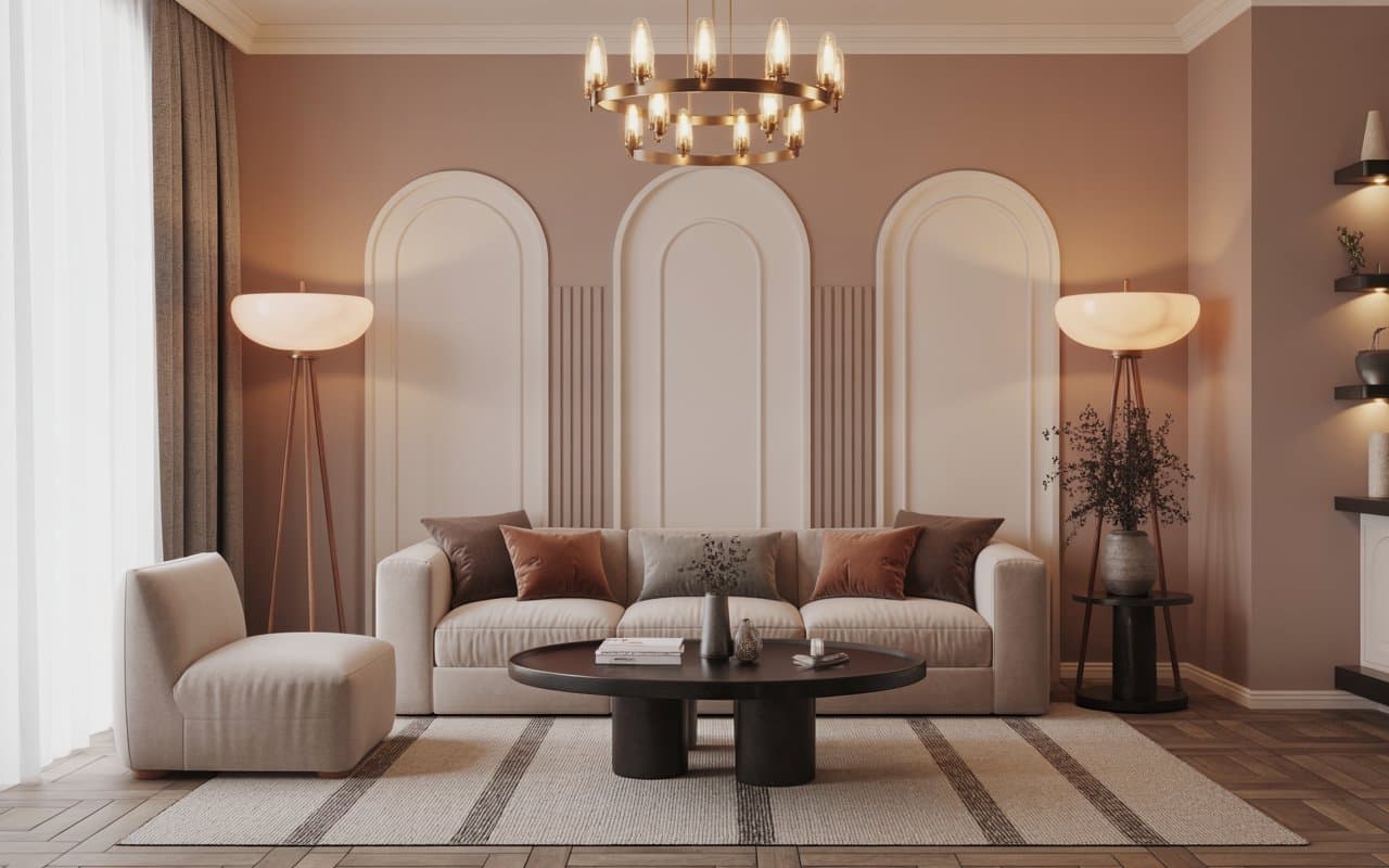 âElegant living room with layered lighting, floor lamps, chandelier, cozy modern interiorâ